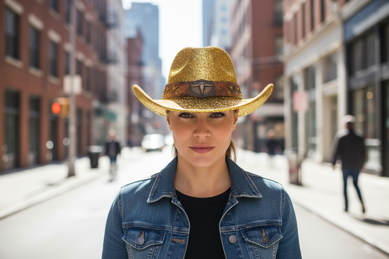 A gold glitter-covered cowboy hat with a chain and a cow head accessory on the band.