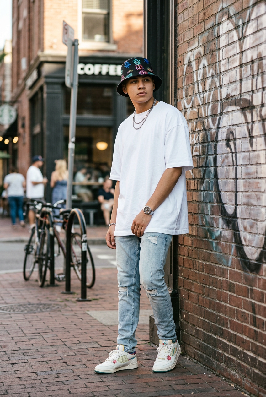 Evans Fruit Print Polyester Bucket Hat, Flat Top, Unisex