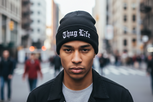 Black beanie with 'Thug Life' text on a white background