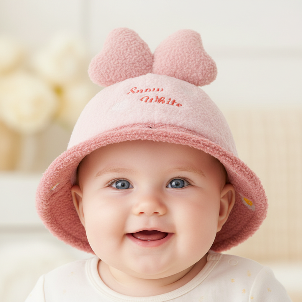Pink fluffy hat with a bow and 'Snow White' text on a white background