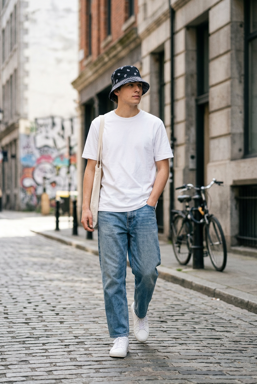 Floral Cotton Flat Top Bucket Hat – Short Brim, M