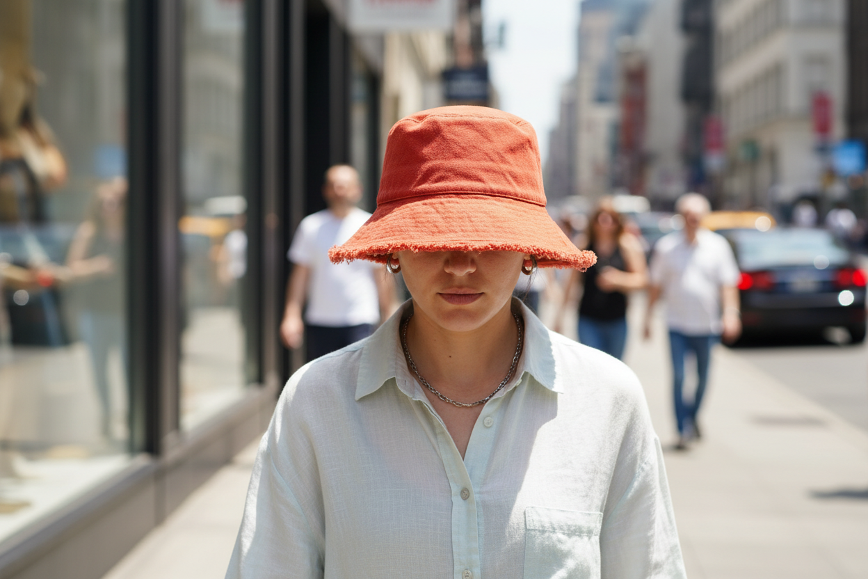 Red bucket hat with frayed edge on a white background