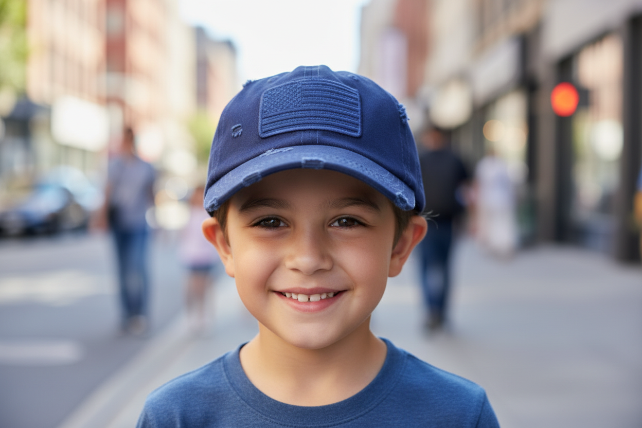 Navy blue baseball cap with USA embroidery on a white background