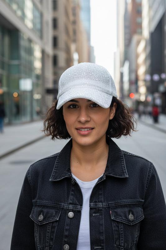 White textured cap held in front of a blurred indoor setting with tables and chairs.