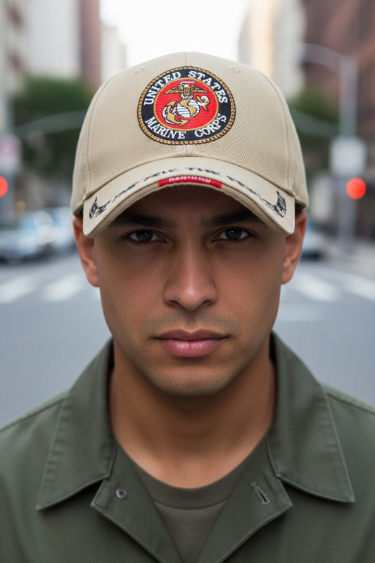 This image features a stylish outdoor embroidery baseball cap, designed with a beige cotton material. The cap displays a prominent embroidery patch on the front with the text "THE FEW, THE PROUD" surrounding a circular emblem, which enhances its visual appeal.