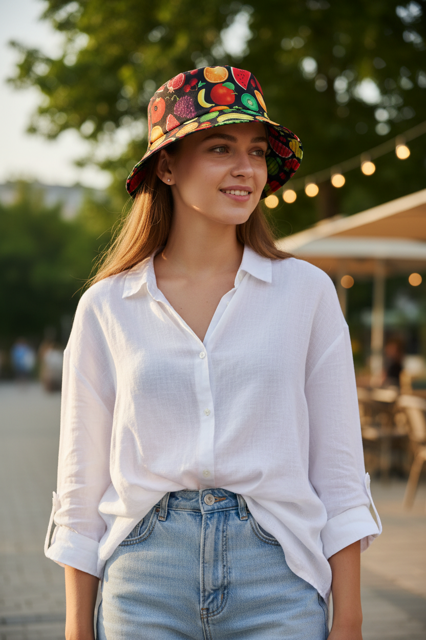 Evans Fruit Print Polyester Bucket Hat, Flat Top, Unisex