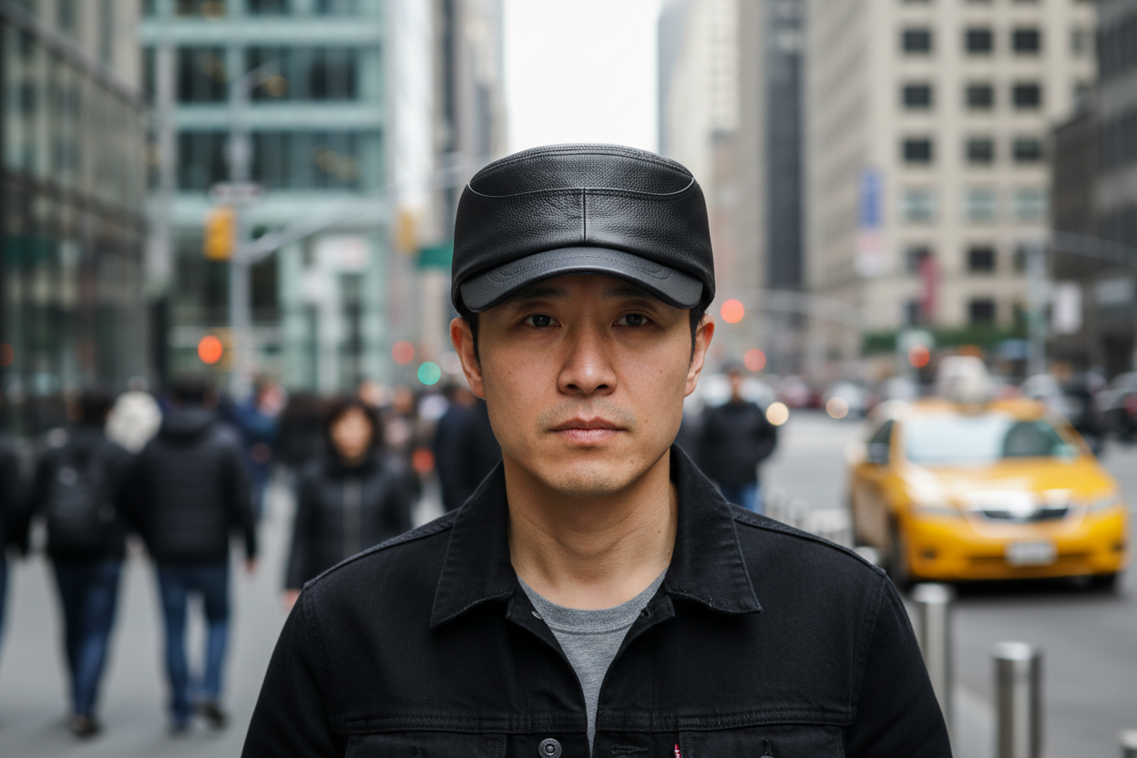 Black leather cap on a white background