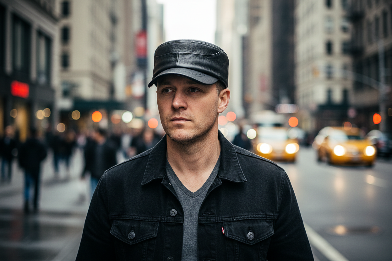 Black leather cap on a white background
