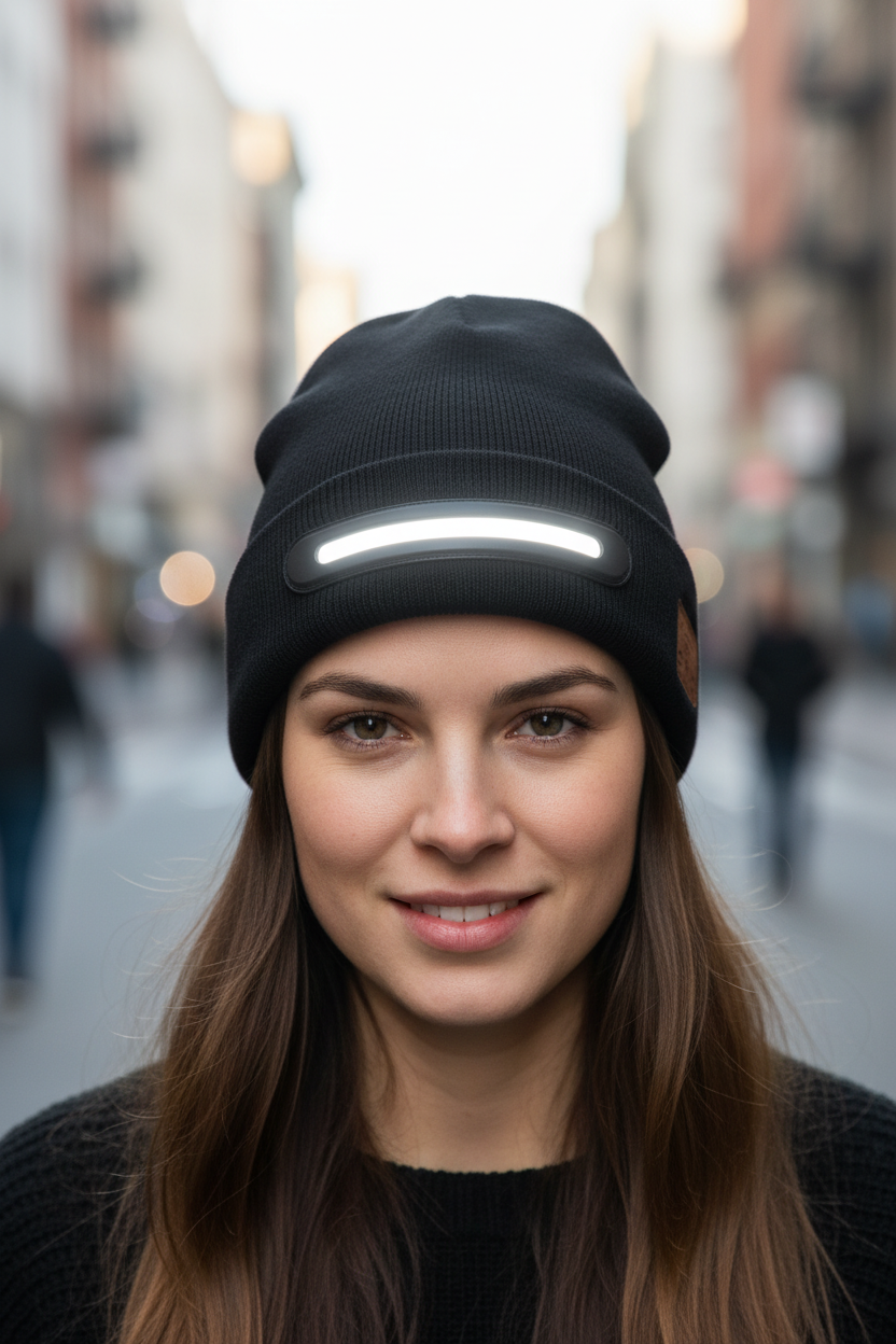Black beanie with reflective strip and brand logo on a white background