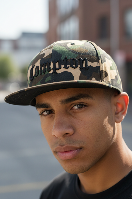 Camouflage cap with black brim and 'Wimperton' branding on a white background