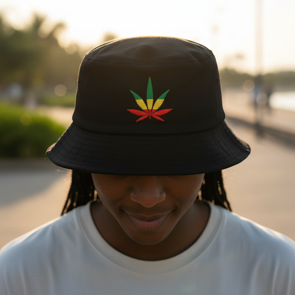 Black bucket hat with a colorful leaf design on a white background