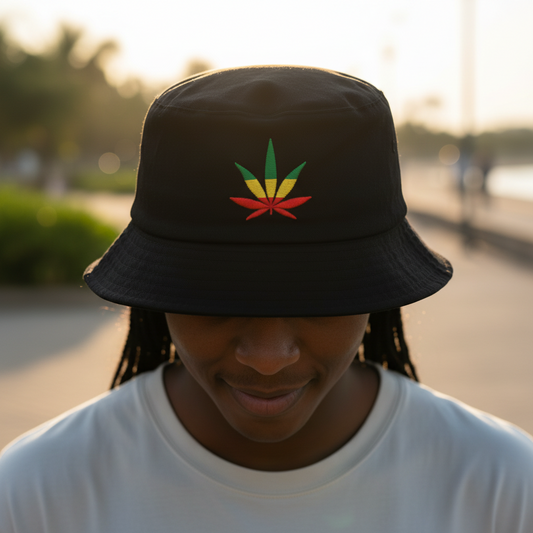 Black bucket hat with a colorful leaf design on a white background