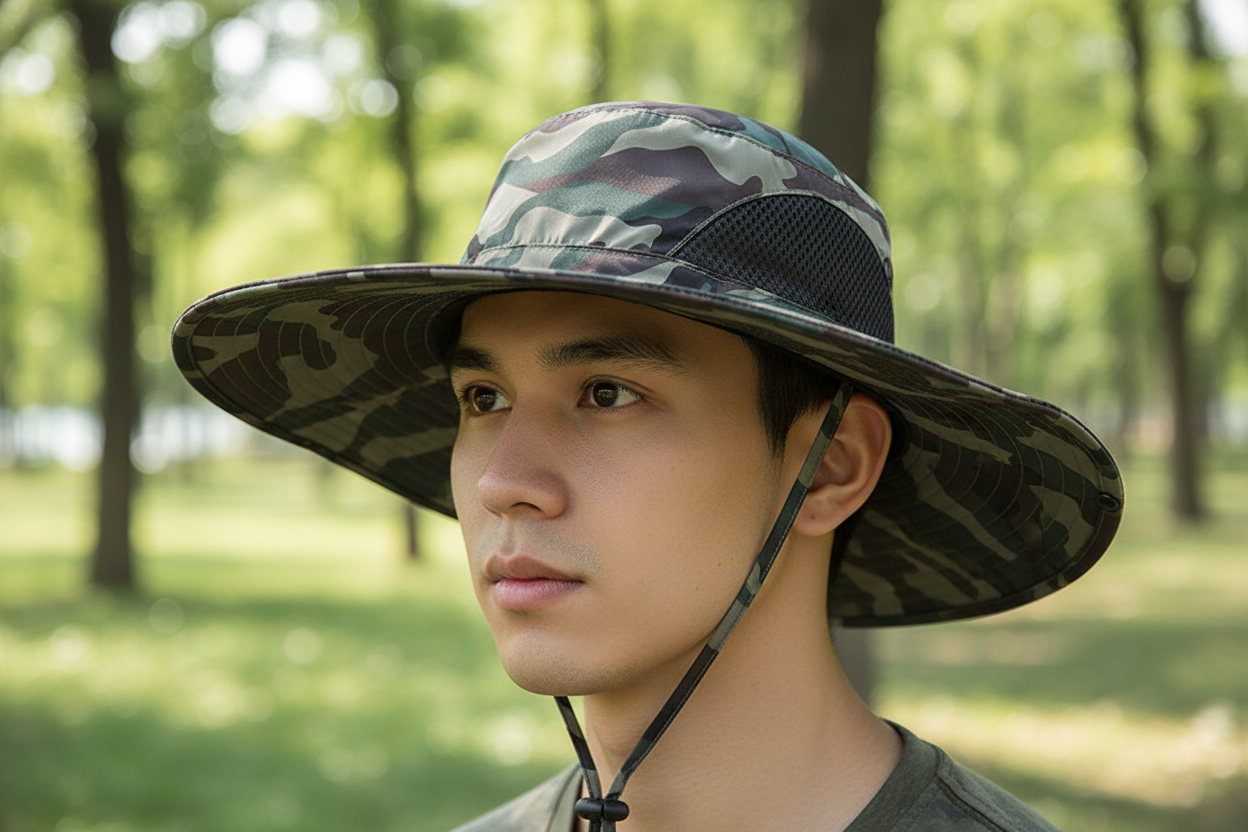 A camouflage patterned sun hat with large brims and an adjustable chin strap.