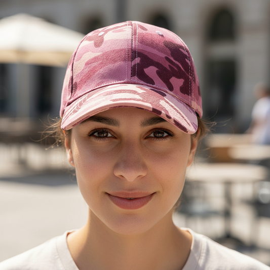 Pink camouflage baseball cap on a white background