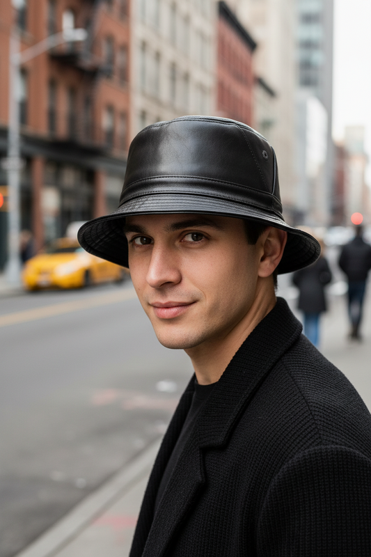 Black leather bucket hat on a white background
