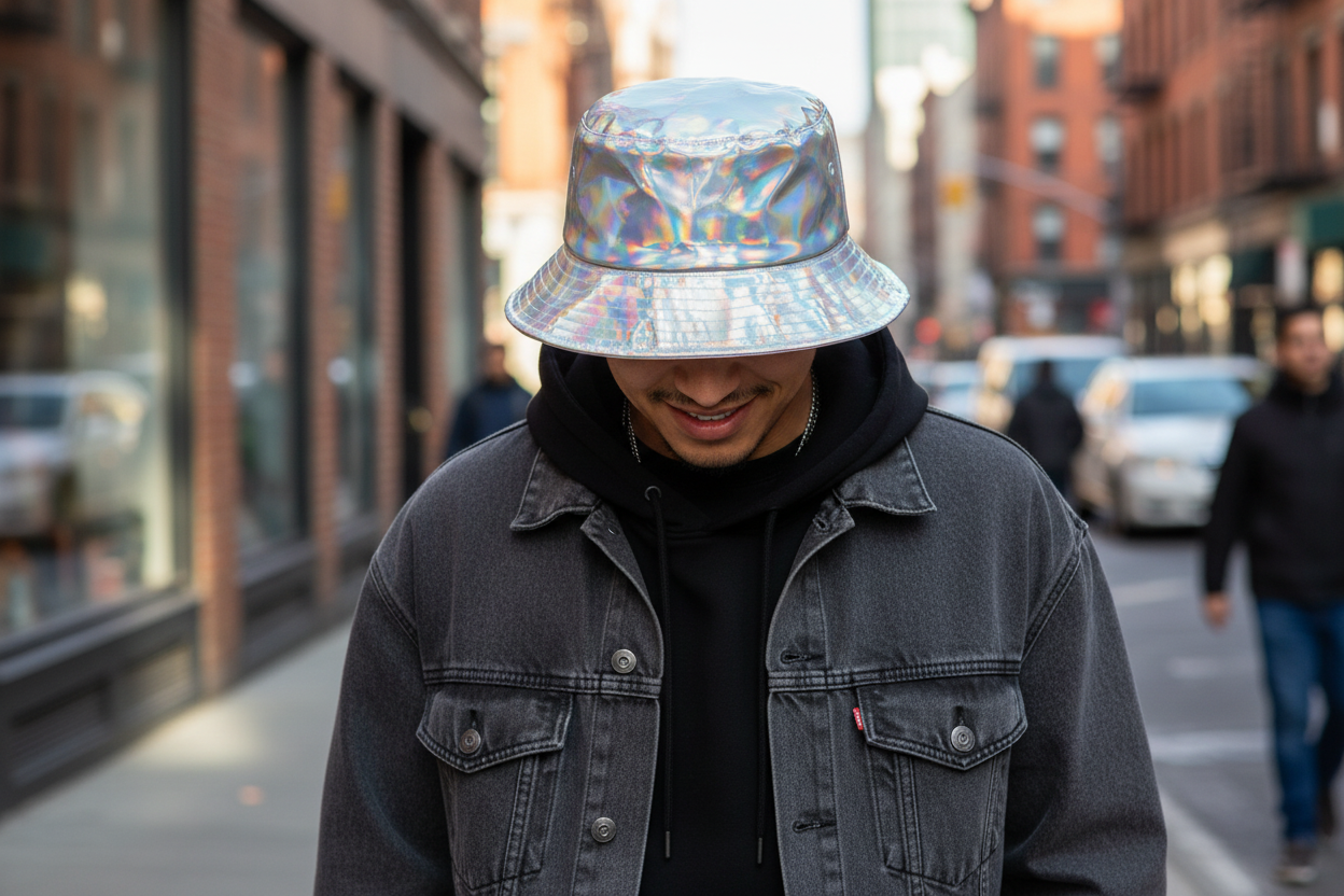 Holographic bucket hat on a white background
