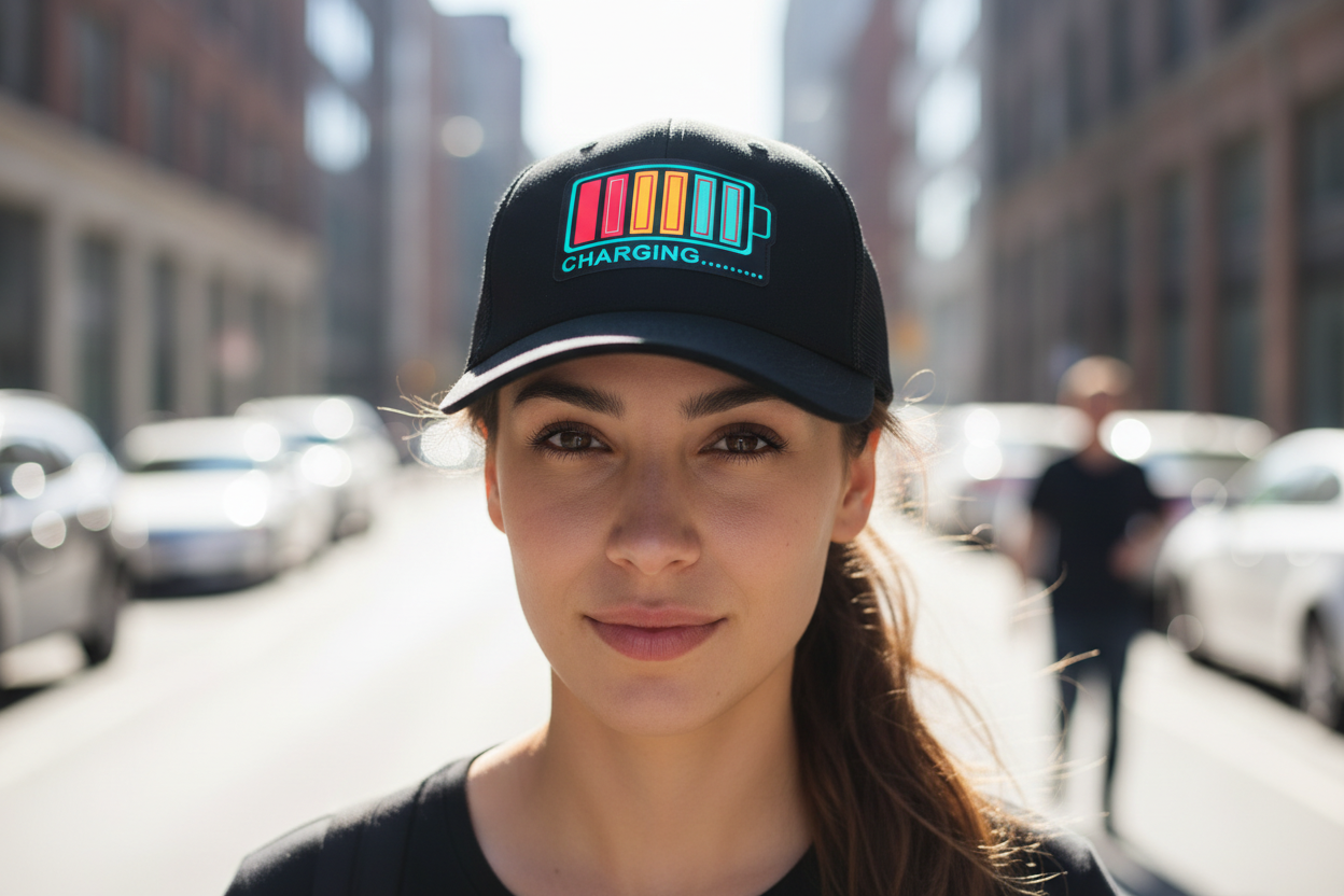 A black LED hat with a charging symbol displayed on the front when illuminated.