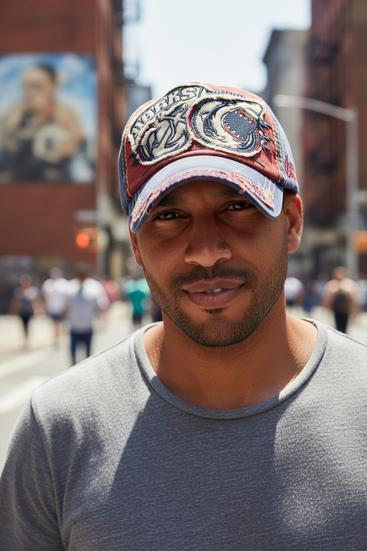 Vintage-style baseball cap with embroidered design on a white background