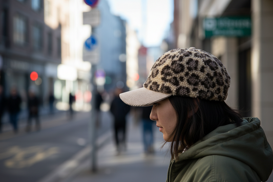 Leopard print cap with beige brim on a white background