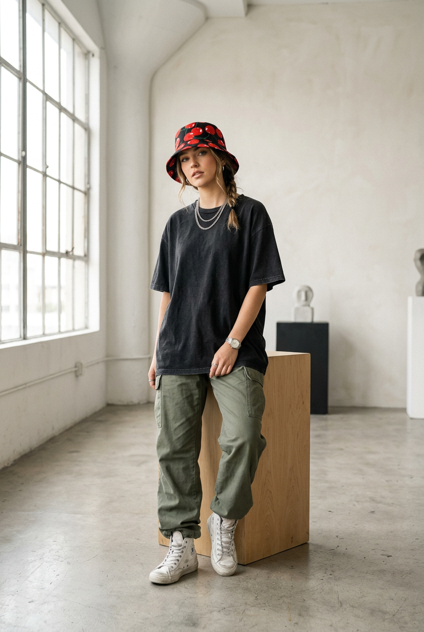 Evans Fruit Print Polyester Bucket Hat, Flat Top, Unisex