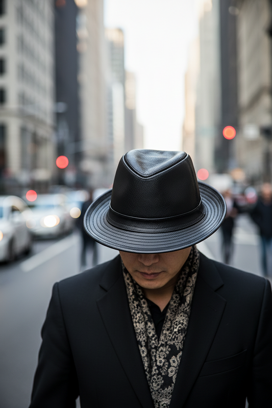Black leather fedora hat on a white background