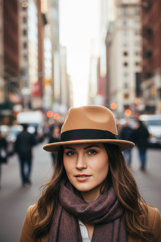 Brown fedora hat with a black band on a white background