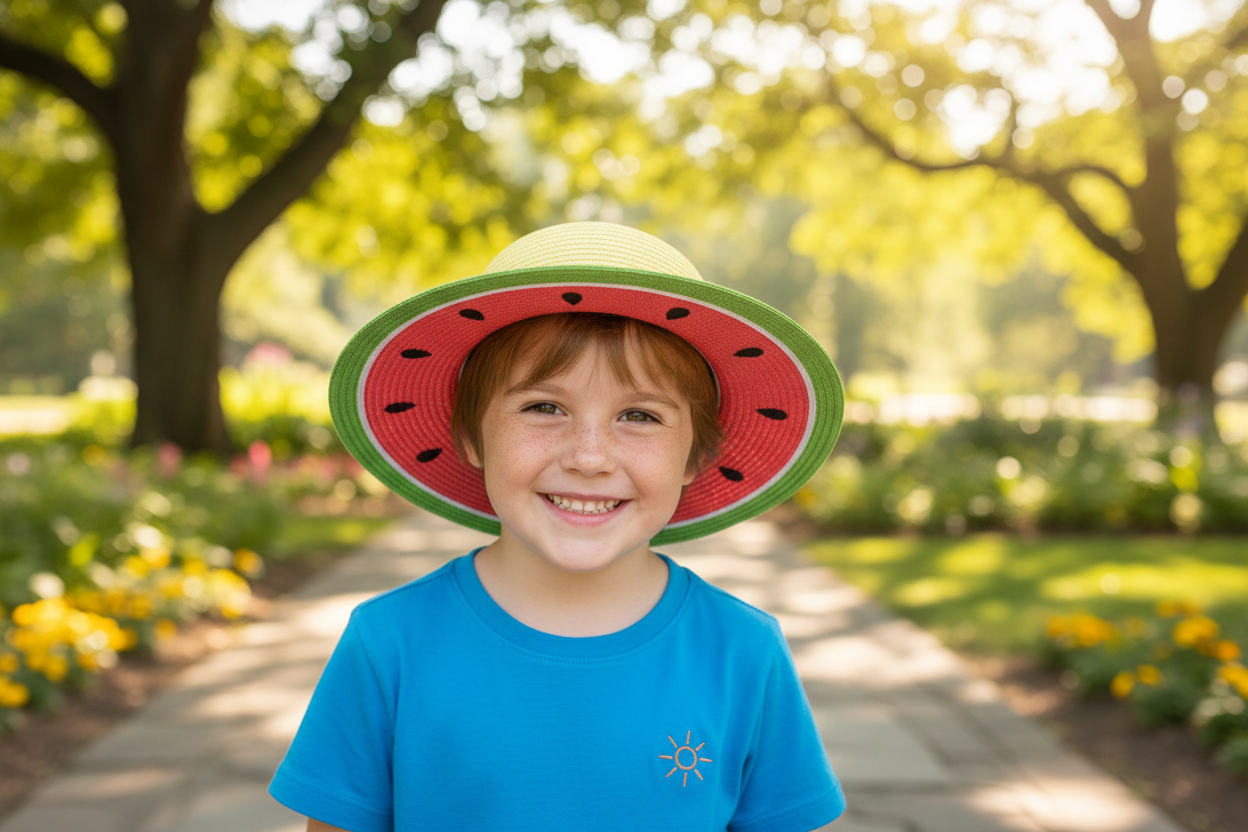 Yellow straw hat with watermelon design on a stone surface