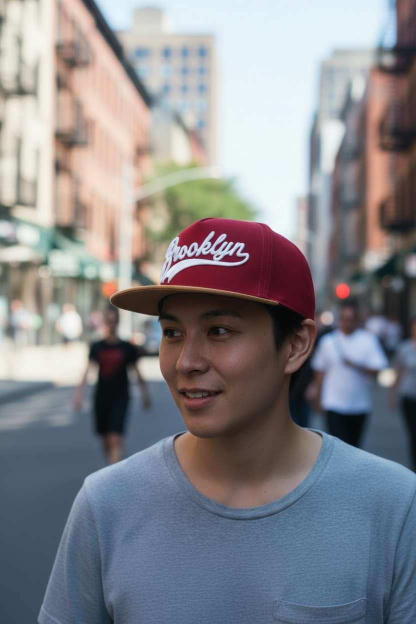 A black baseball cap with a brown visor featuring a embroidered pattern on the front.