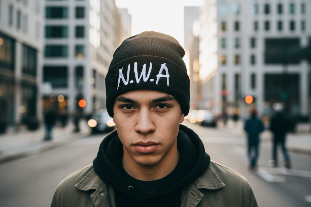 Two knitted beanies, one black and one gray, each with the text 'N.W.A' embroidered on the cuff.