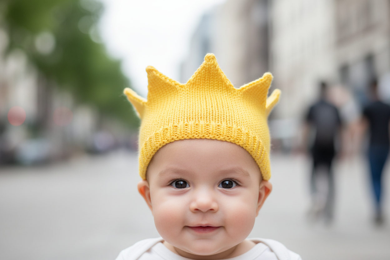 A yellow knitted crown baby headband on a white background
