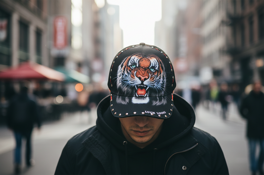 A black baseball cap with a green tiger head printed on the front, featuring a short brim and rivet details.
