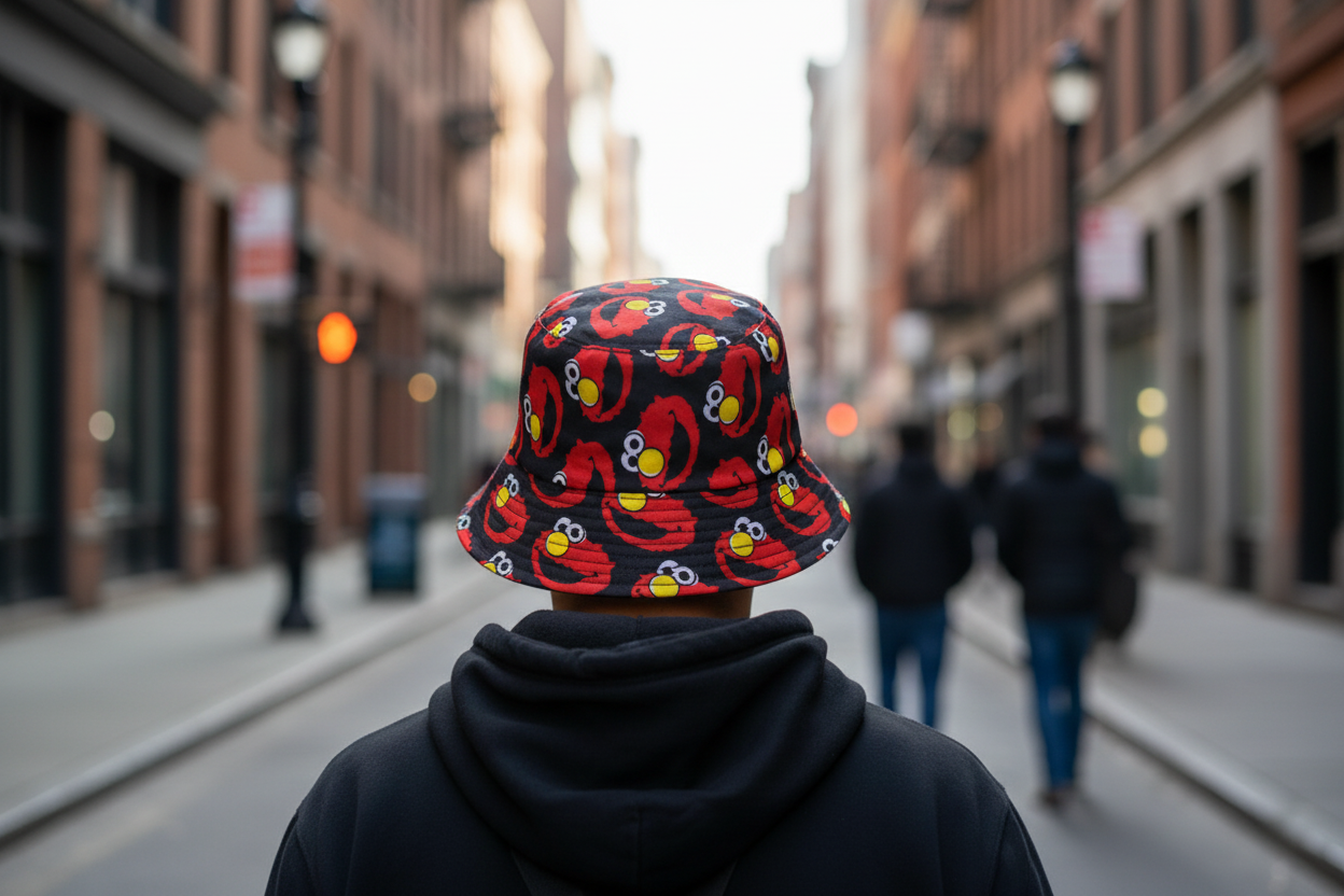 Bucket hat with Elmo pattern on a white background