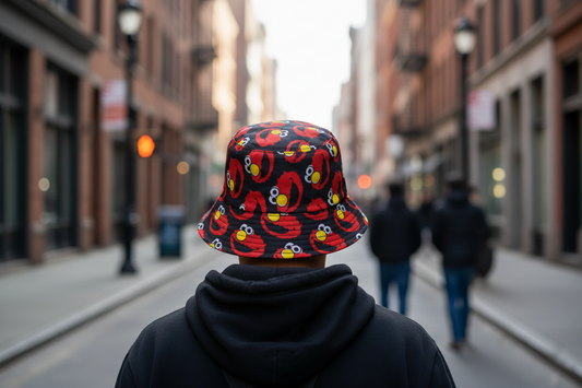 Bucket hat with Elmo pattern on a white background