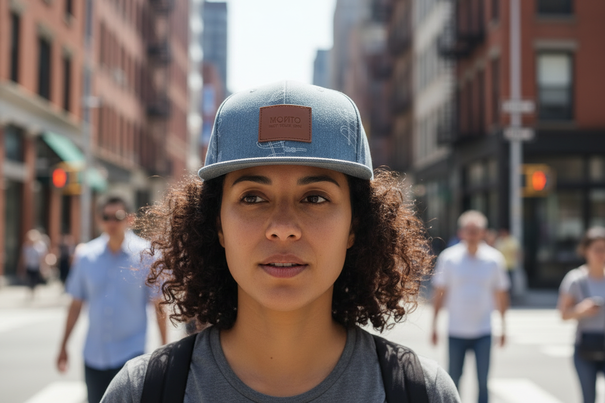 Blue denim cap with white embroidery and brown leather patch on a white background