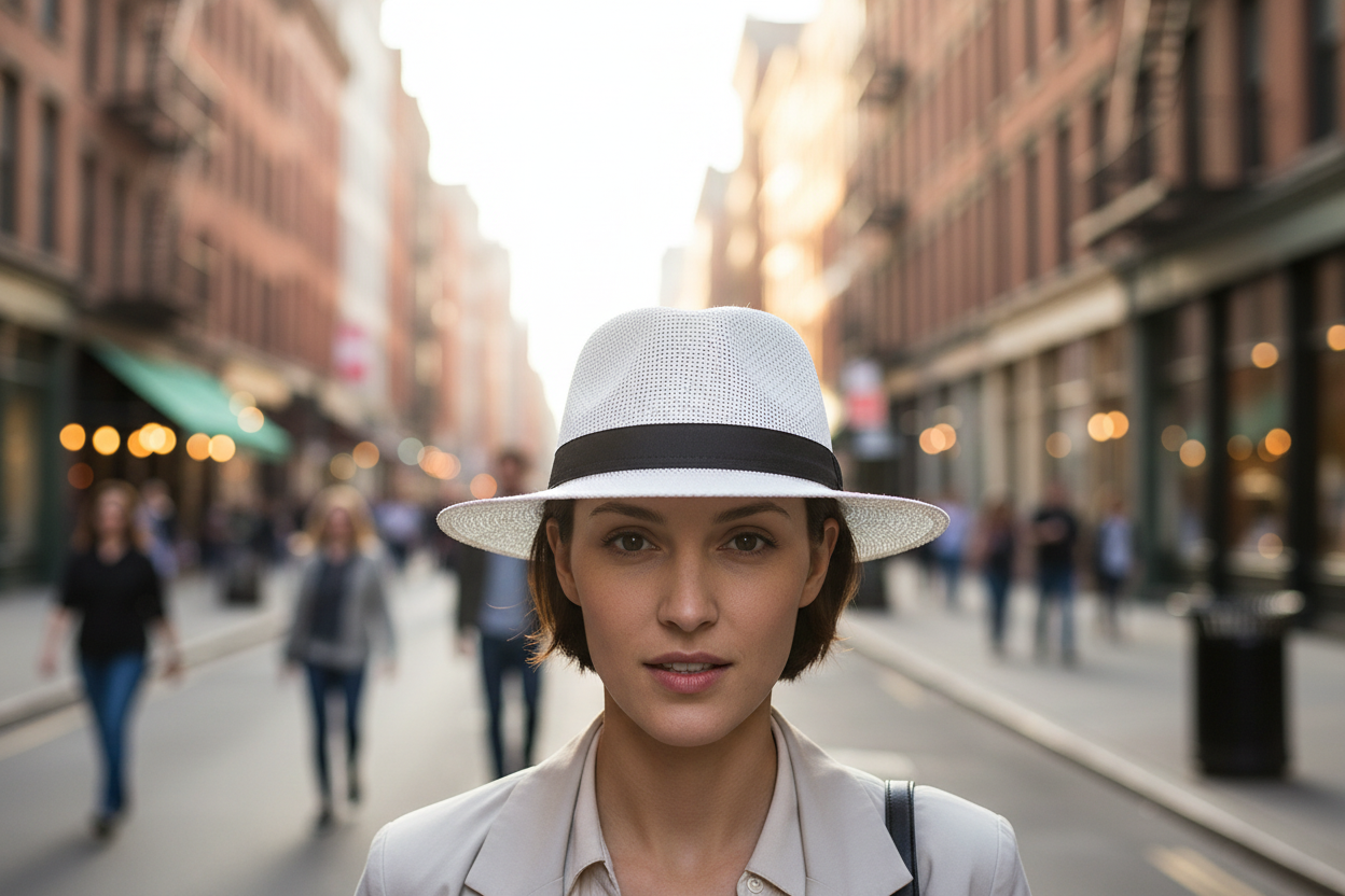 White straw hat with a black band on a white background