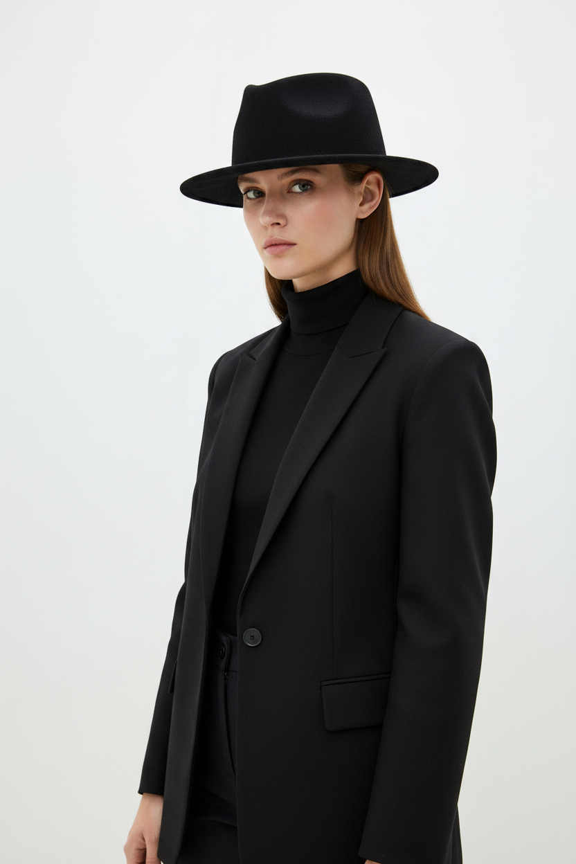 Denton Black Wool Fedora Hat, Curling Big Brim, Medium