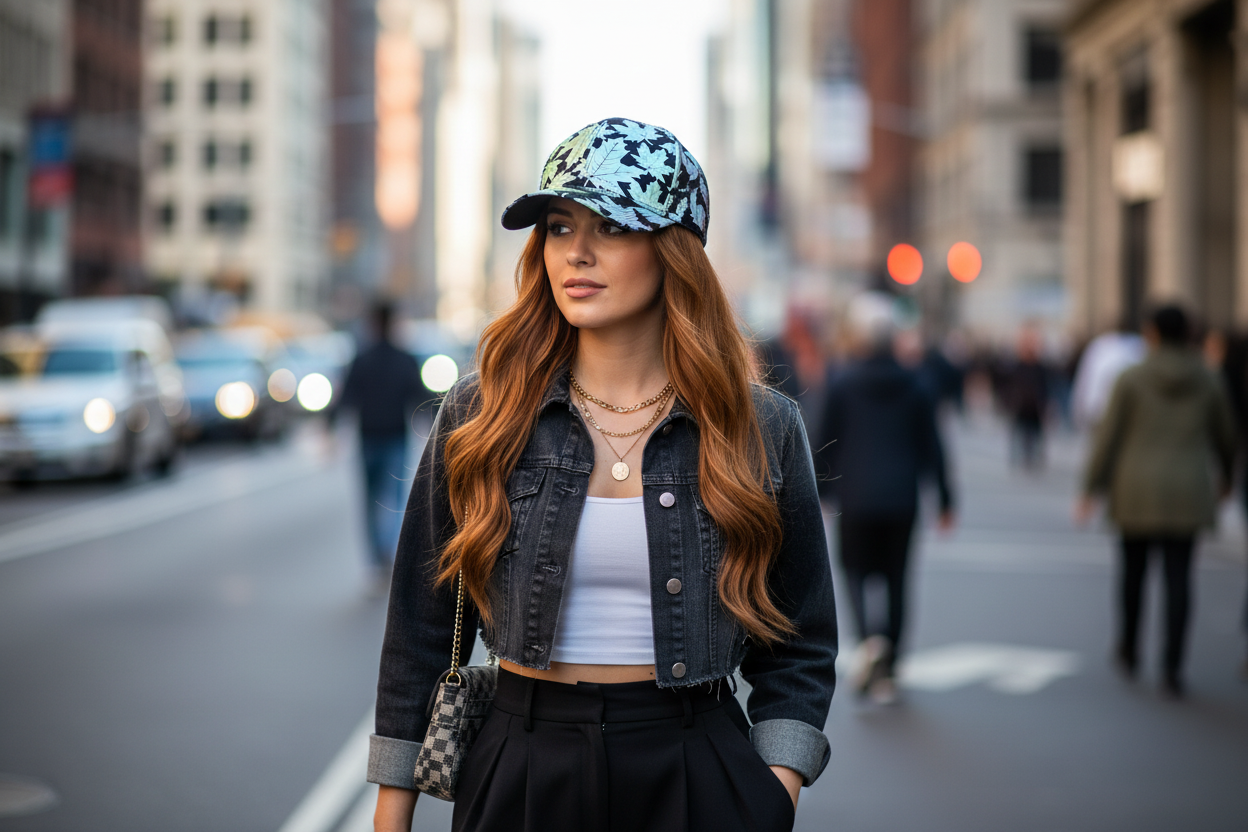 Colorful cap with leaf pattern on a dark textured surface