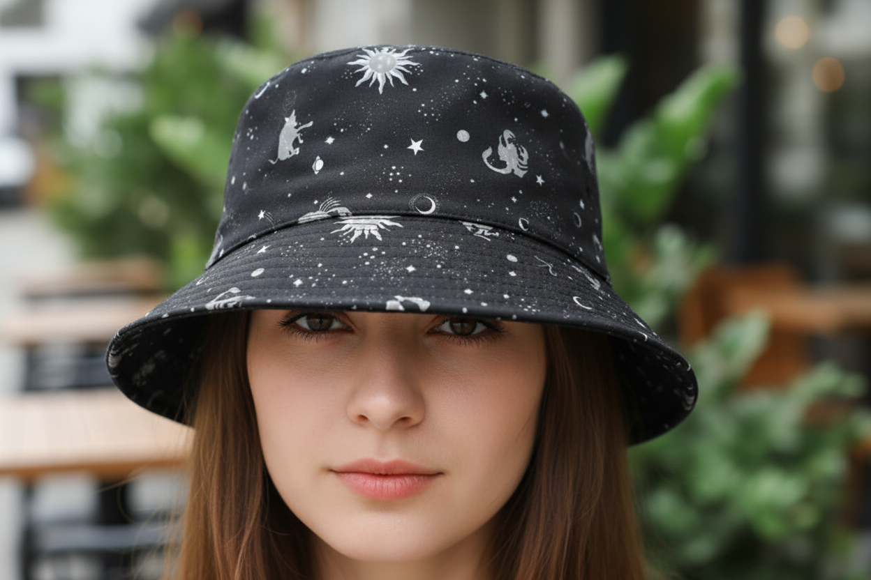A black fisherman hat with a pattern of stars, suns, and what appears to be a cartoonish character