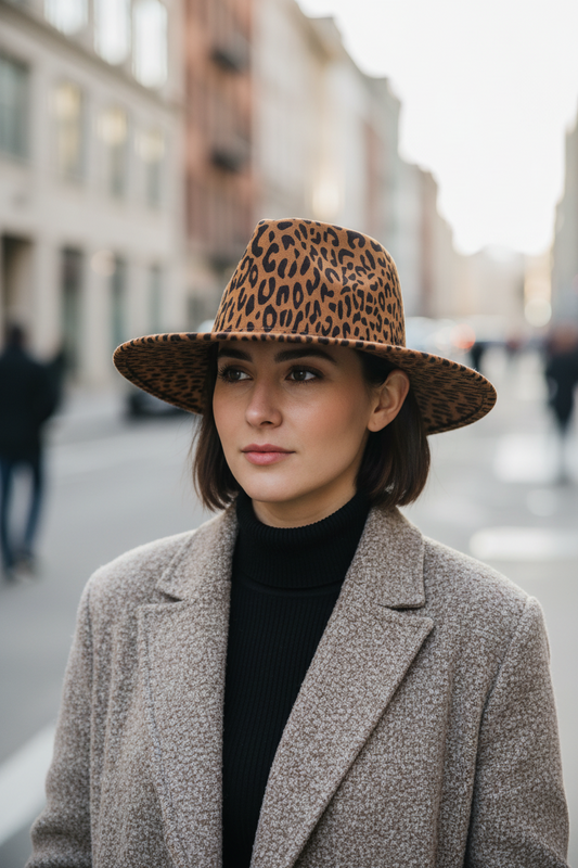 Leopard print hat on a white background
