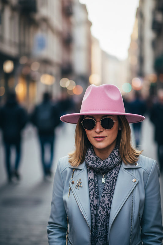 Pink fedora hat on a white background