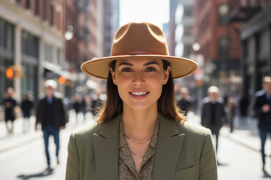 Brown fedora hat with a leather band on a white background