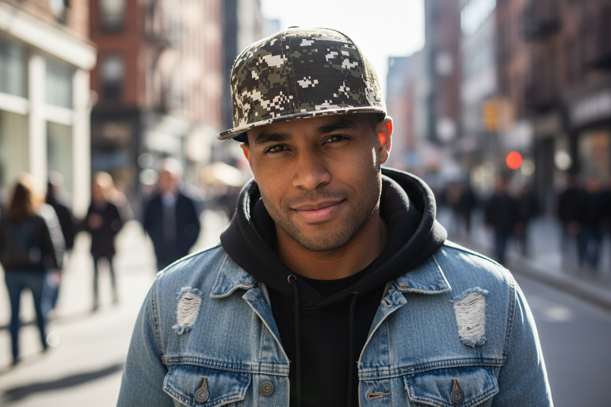 A fashion baseball cap with a geometric pattern featuring red, white, and blue colors.