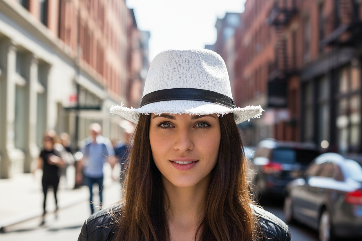 White straw hat with a black band on a white background