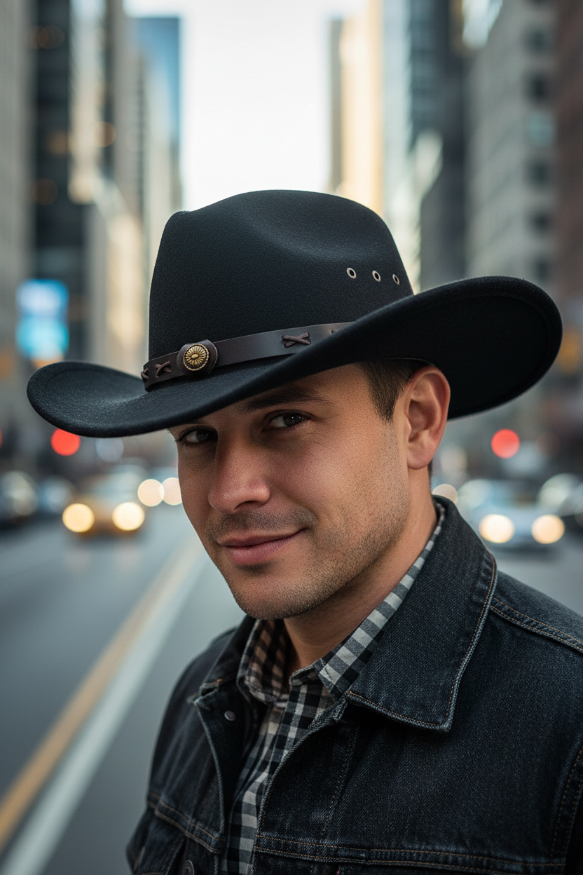 Black cowboy hat with a brown band and decorative button on a white background