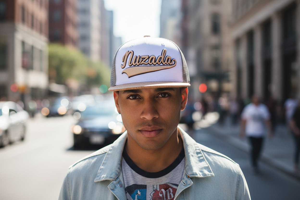 A white mesh baseball cap with a brown visor featuring the text 'Muzada' on the front.