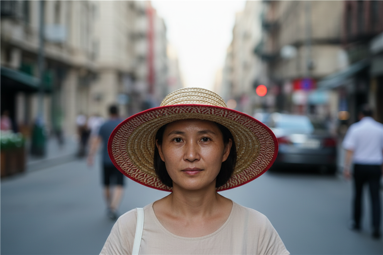 Straw hat with red rim on a gray surface