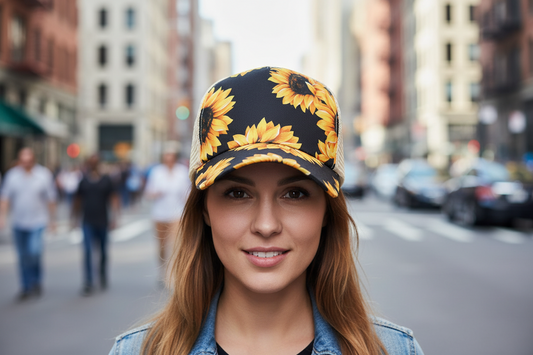 A collection of four women's baseball caps with mesh back, featuring different patterns such as sunflowers and stripes, and colors including black, multicolor, and beige.
