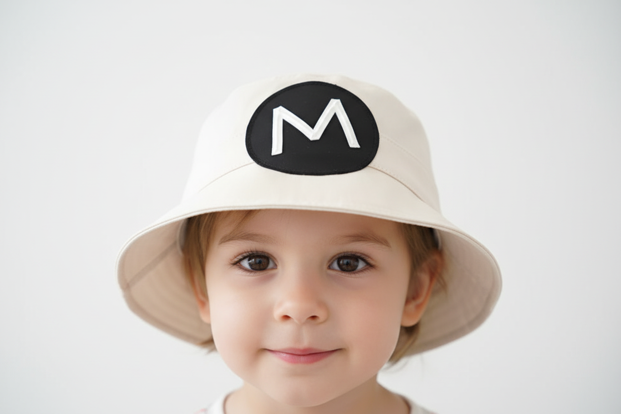 Beige bucket hat with a black circle featuring the letter 'M' on a light gray background
