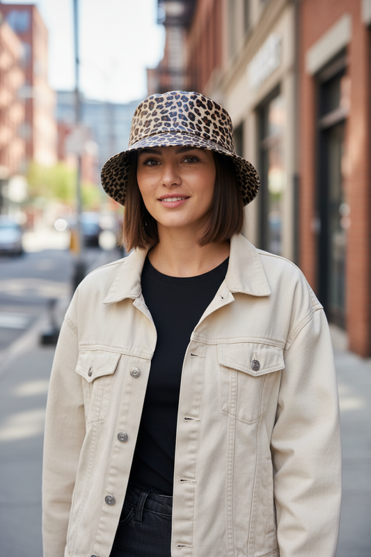 Leopard print bucket hat on a white background