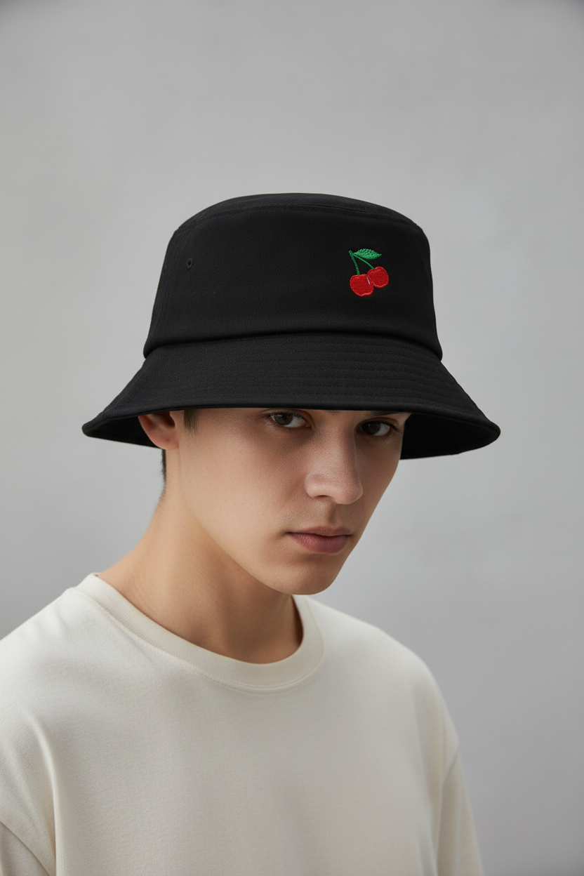 A collection of fisherman hats in various colors, each featuring a different fruit pattern embroidery on the front.